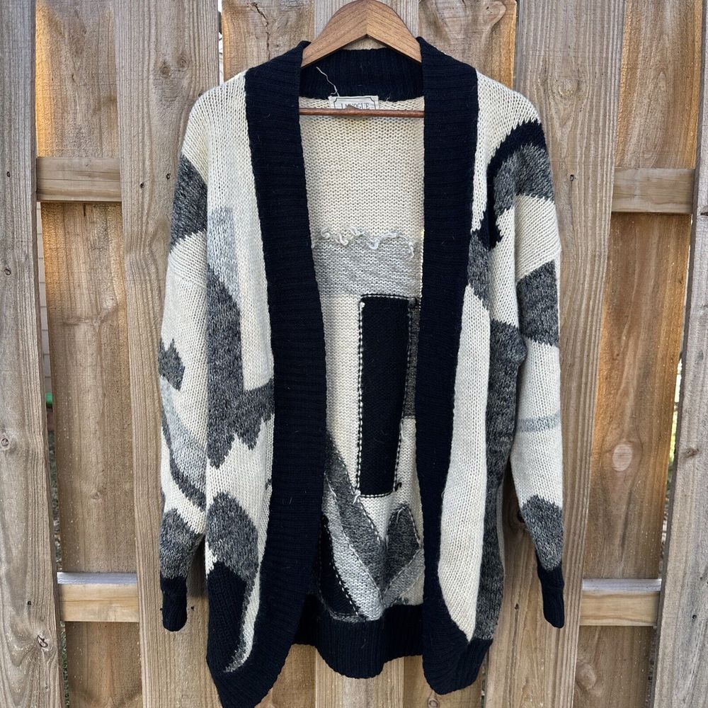 Vintage La Vogue Mohair Cardigan Women's L Open Front‎ Oversized Pockets Aztec